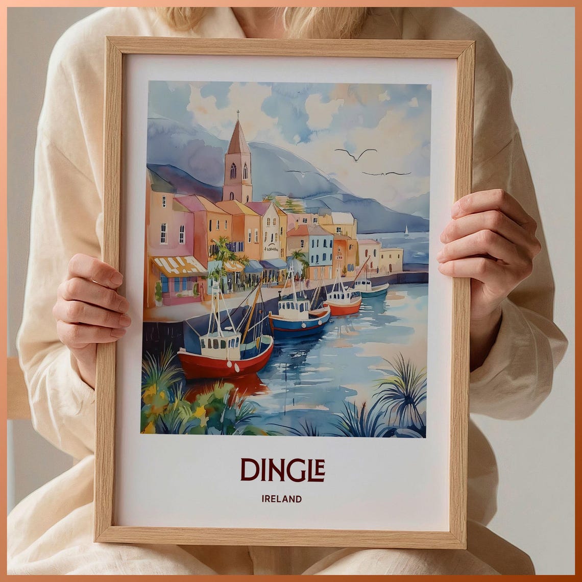 Dingle Ireland Harbor Fishing Boats Watercolor Travel Poster