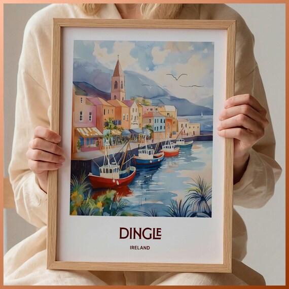 Dingle Ireland Harbor Fishing Boats Watercolor Travel Poster