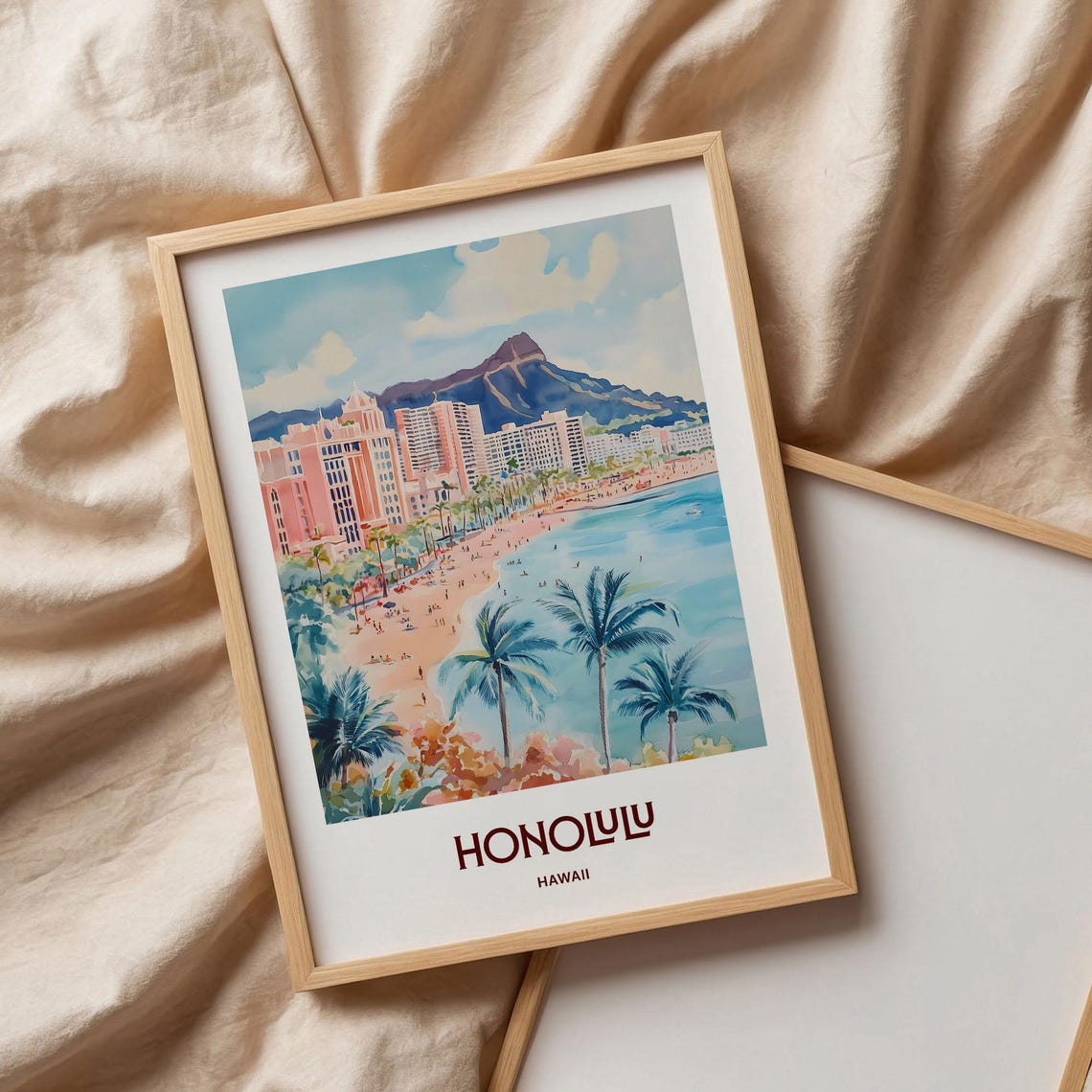 Honolulu Hawaii Waikiki Diamond Head Beach Watercolor Travel Poster - Image 3