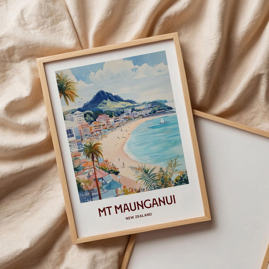 Mount Maunganui New Zealand Beachfront Palms Watercolor Travel Poster - Image 3