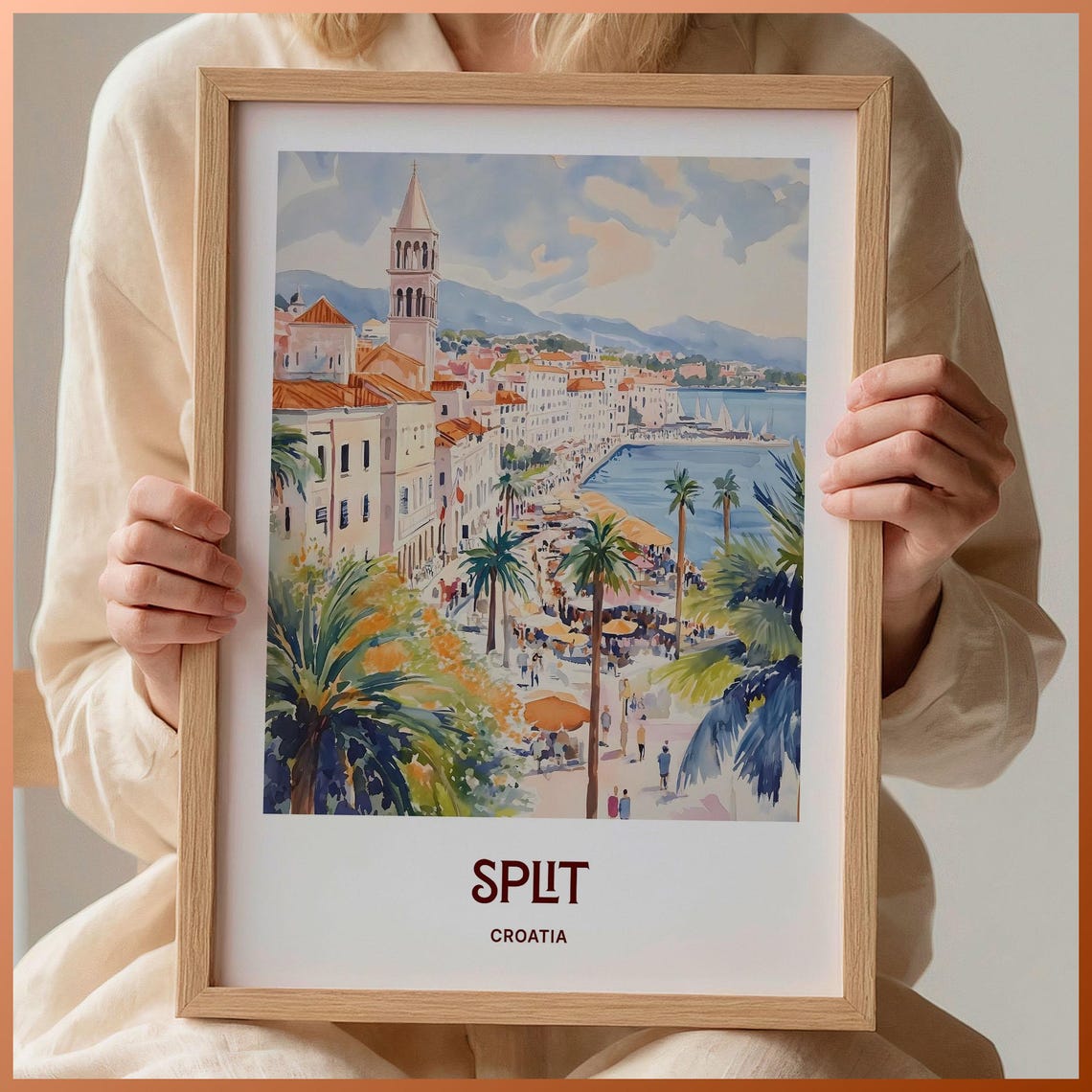 Split Croatia Riva Waterfront Old Town Watercolor Travel Poster