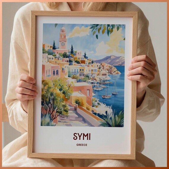 Symi Greece Pastel Harbor Clock Tower Watercolor Travel Poster Island
