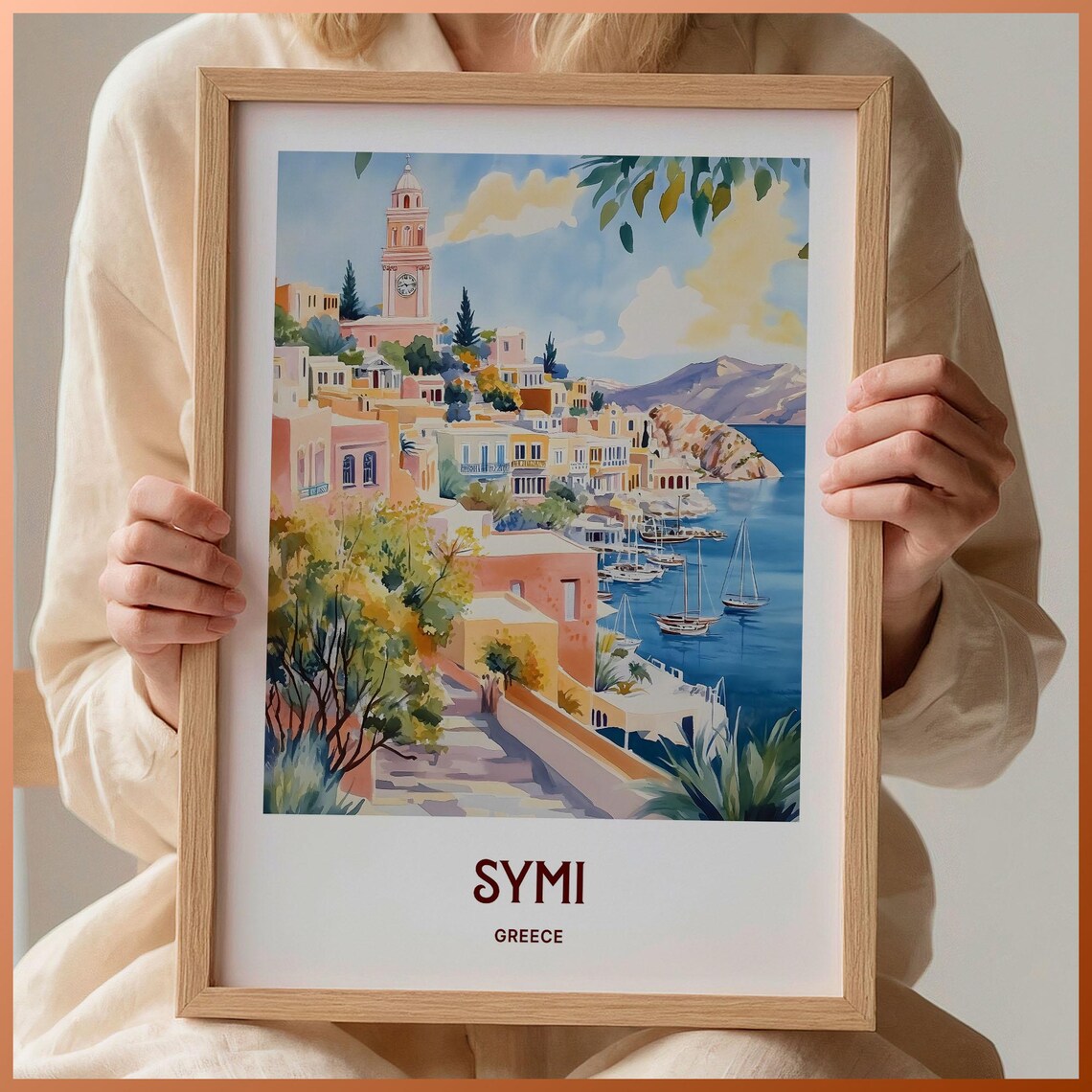 Symi Greece Pastel Harbor Clock Tower Watercolor Travel Poster Island