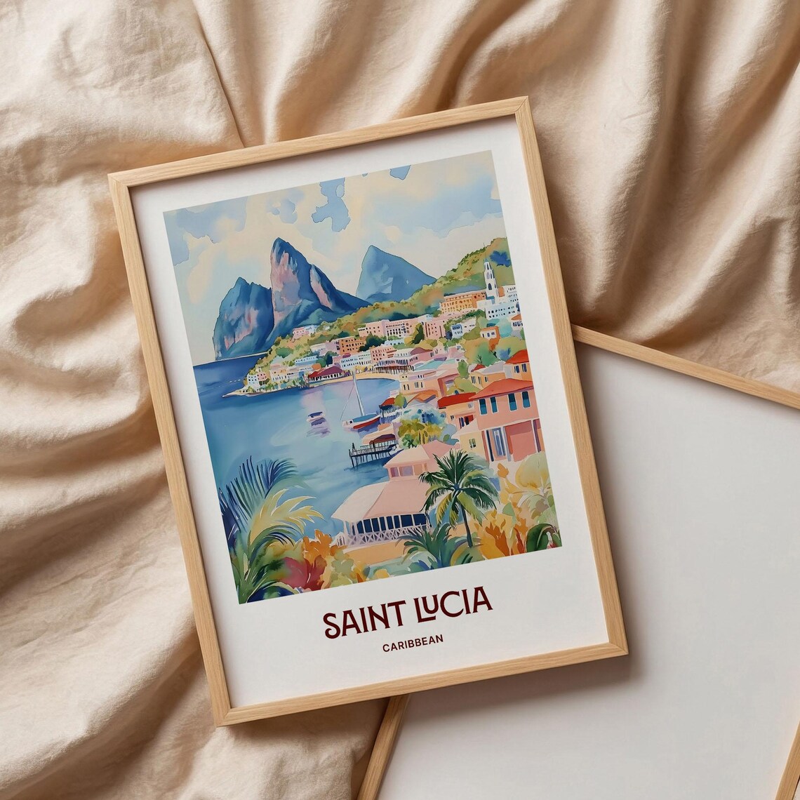 Saint Lucia Caribbean Pitons Harbor Town Watercolor Art Poster - Image 3