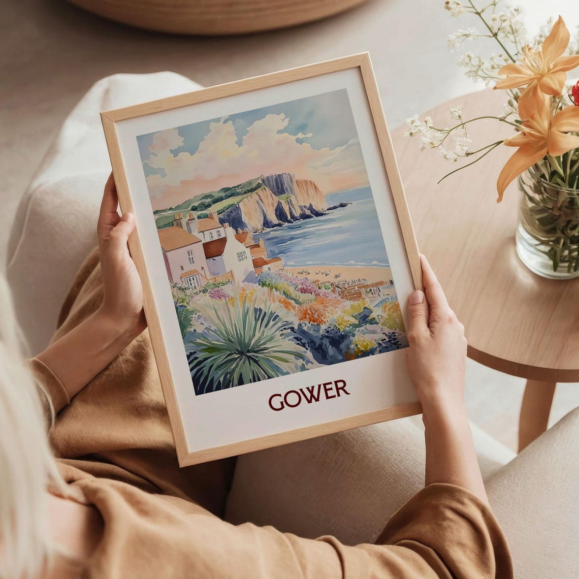 Gower Coastal Cliffs Village Beach Seaside Watercolor Travel Poster - Image 5