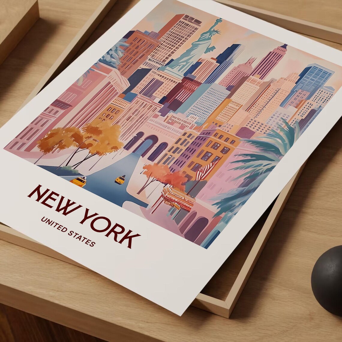 New York Skyline Statue Of Liberty Yellow Cabs Watercolor Travel Poster - Image 2