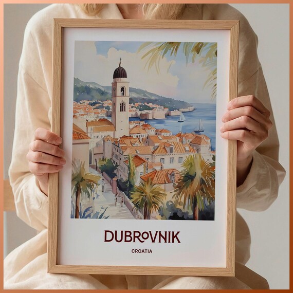 Dubrovnik Croatia Old Town Bell Tower Sailboats Watercolor Poster