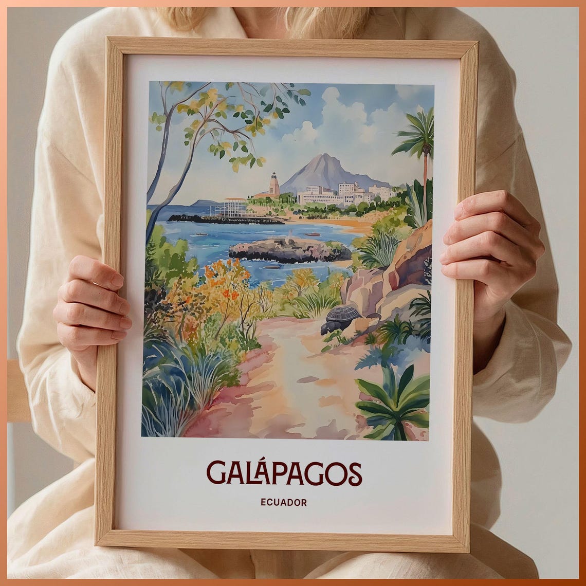 Galapagos Ecuador Coastal Bay Tortoise Watercolor Island Poster