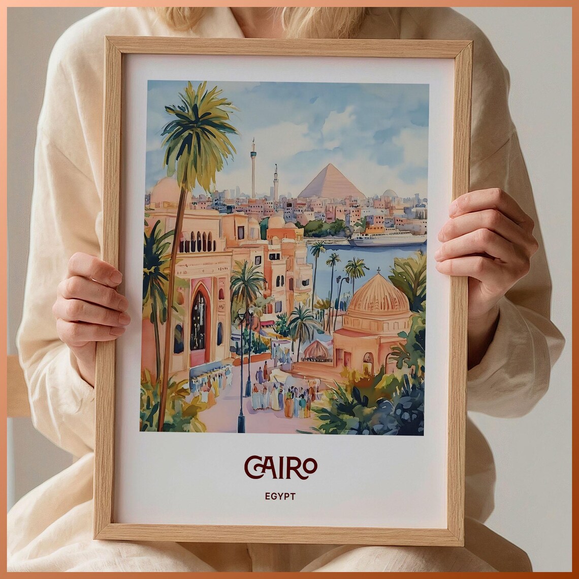 Cairo Egypt Watercolor Pyramids Nile Palm City Skyline Travel Poster
