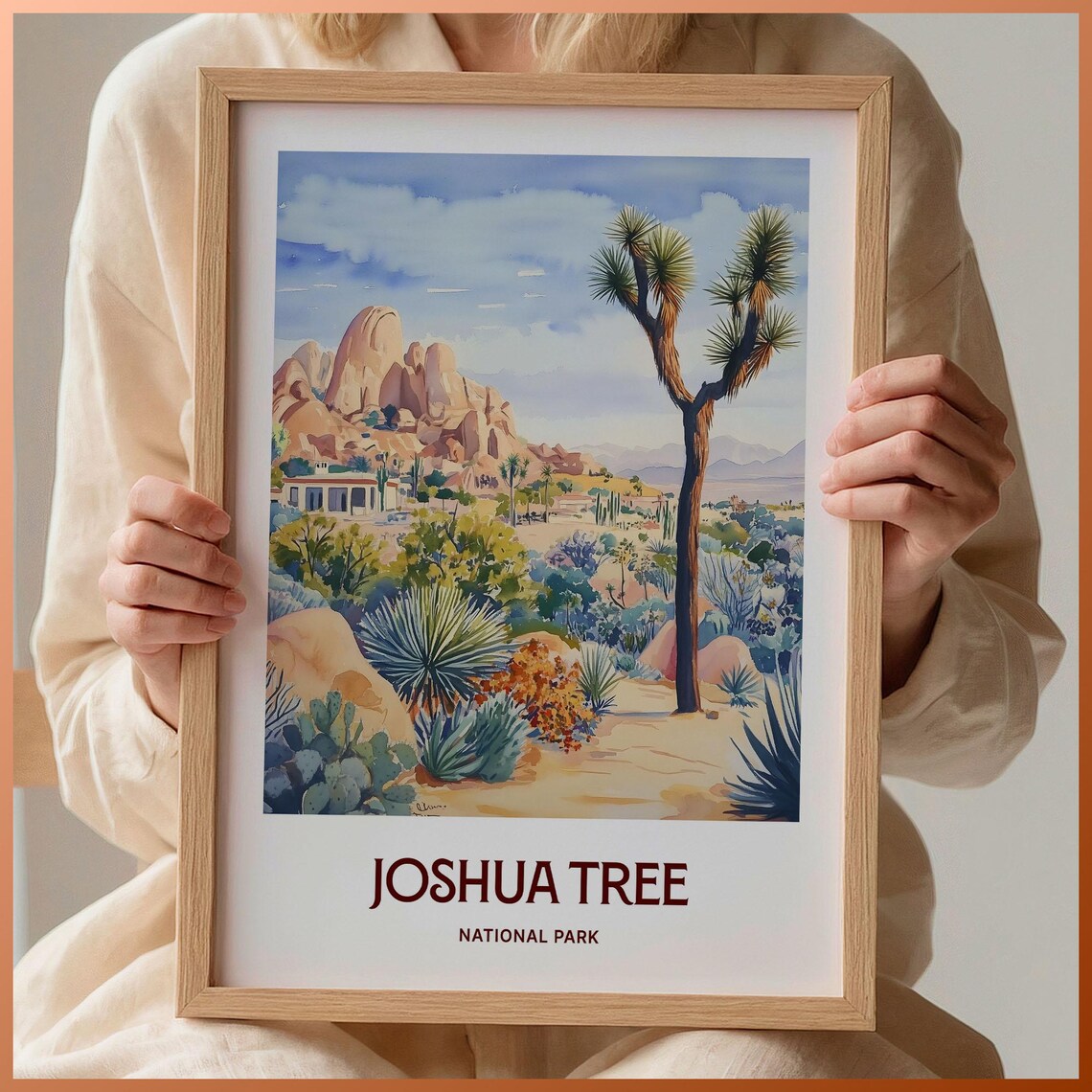 Joshua Tree National Park Desert Cactus Watercolor Travel Poster