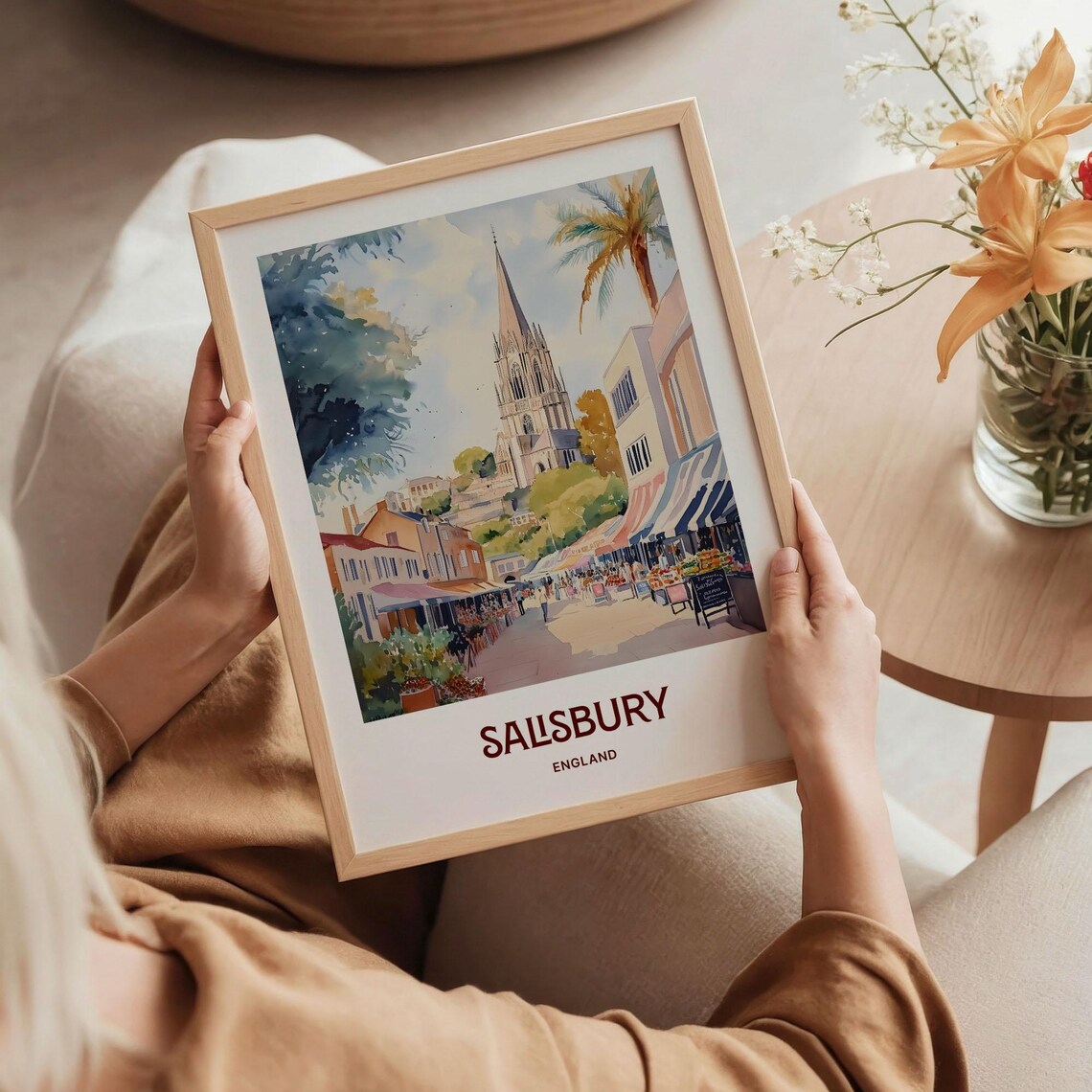 Salisbury England Watercolor Cathedral Spire Market Street Scene Poster - Image 5