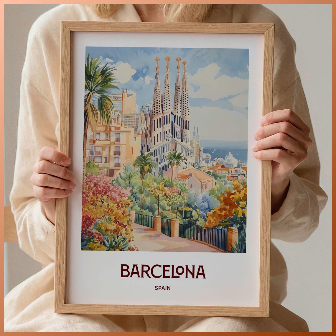 Barcelona Spain Pastel Sagrada Familia Palm Cityscape Poster