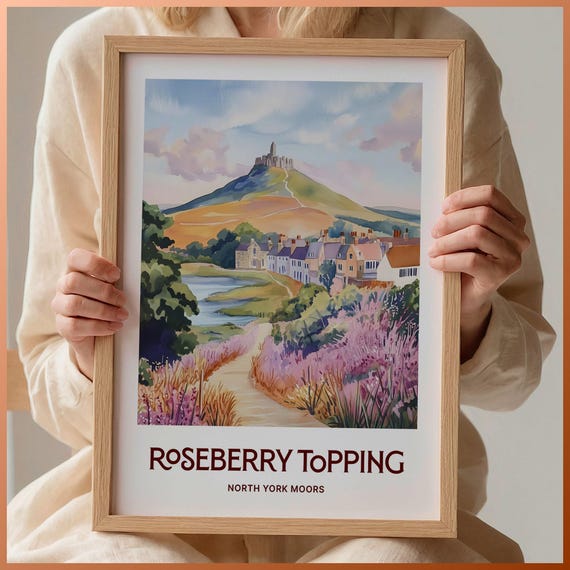 Roseberry Topping Art Print North York Moors Landscape Minimalist Travel Poster Adventure Gift Hiking Decor Pastel Artwork C35 497