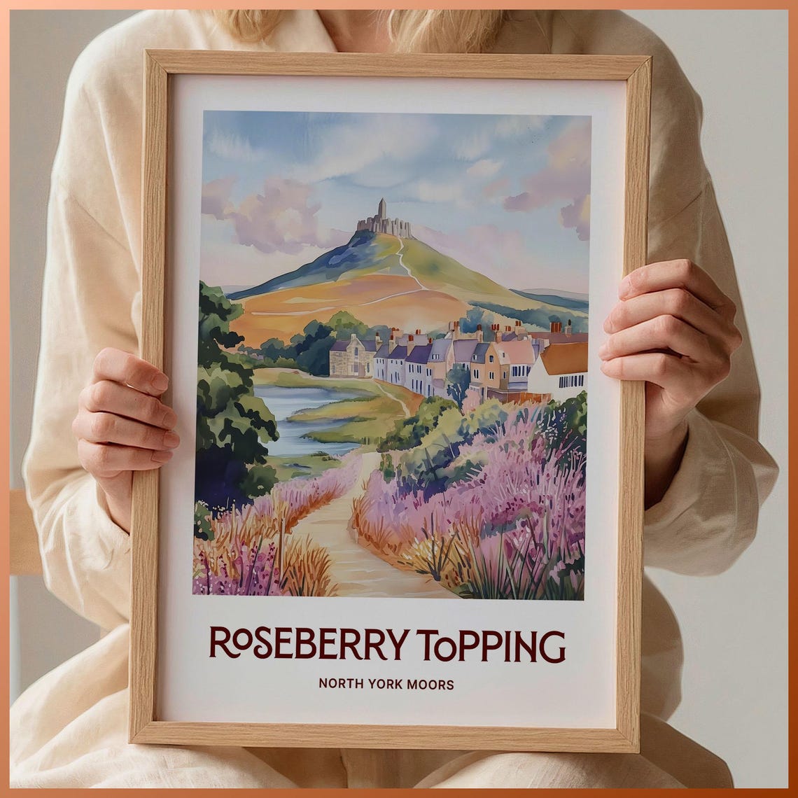 Roseberry Topping North York Moors Heather Watercolor Travel Poster