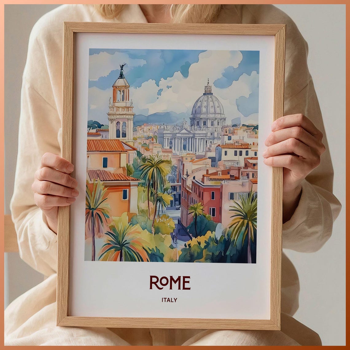 Rome Italy Historic Rooftops St Peters Dome Watercolor City Poster