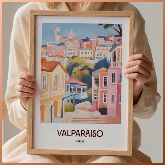 Valparaiso Chile Colorful Hillside Houses Stairs Watercolor Travel Poster