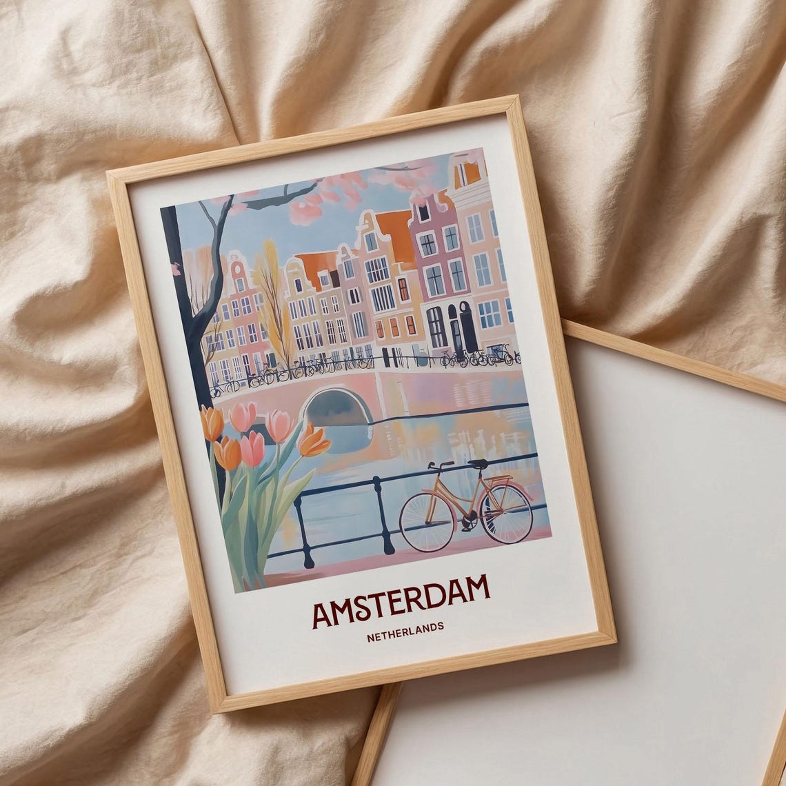 Amsterdam Netherlands Canal Tulip Bicycle Watercolor Travel Poster - Image 3