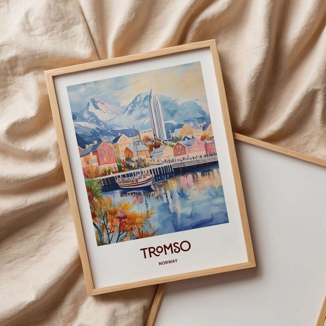 Tromso Norway Harbor Waterfront Mountains Watercolor Arctic Print - Image 3