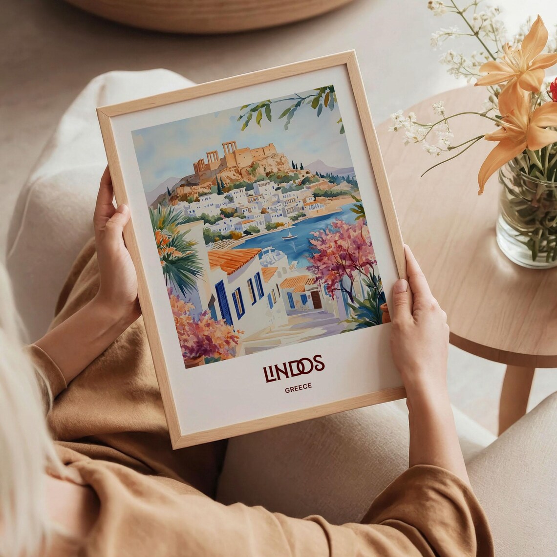 Lindos Rhodes Greece Watercolor Acropolis Harbor Town Poster - Image 5