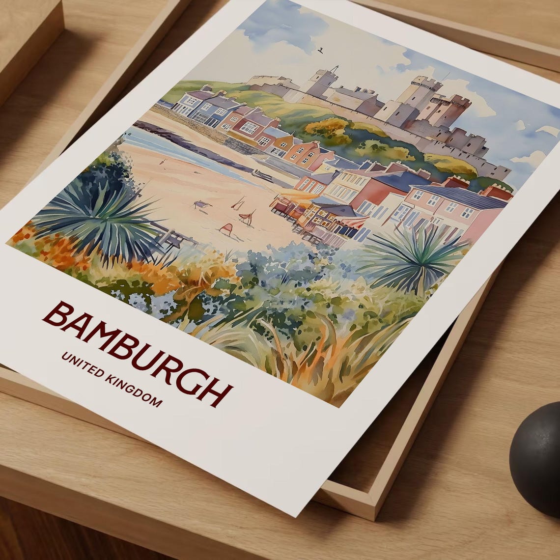 Bamburgh Castle Beach United Kingdom Watercolor Travel Poster - Image 2