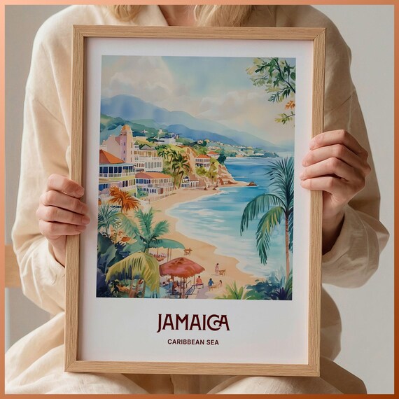 Jamaica Caribbean Sea Beach Resort Watercolor Tropical Travel Poster Art