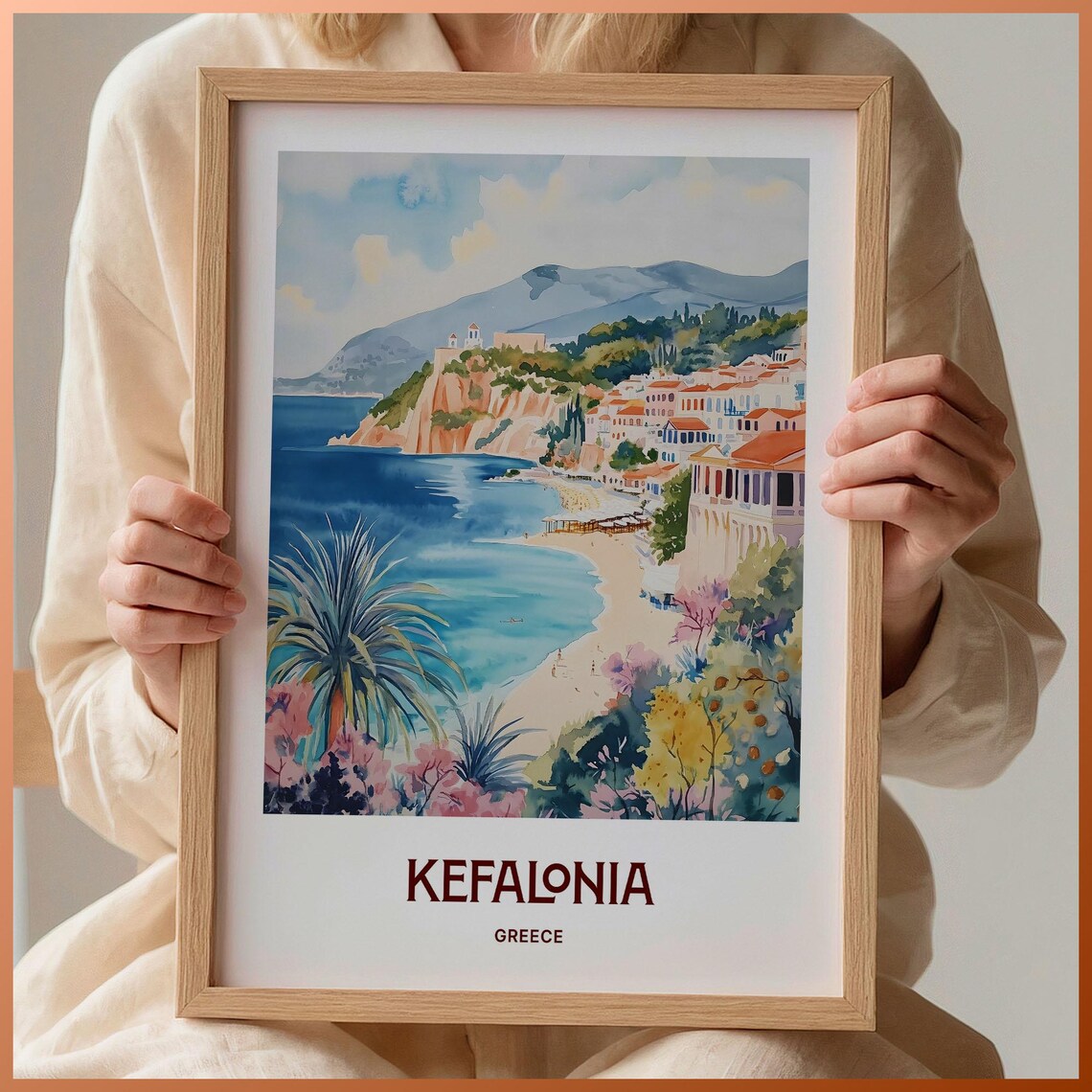 Kefalonia Greece Island Beach Cove Pastel Watercolor Art Poster