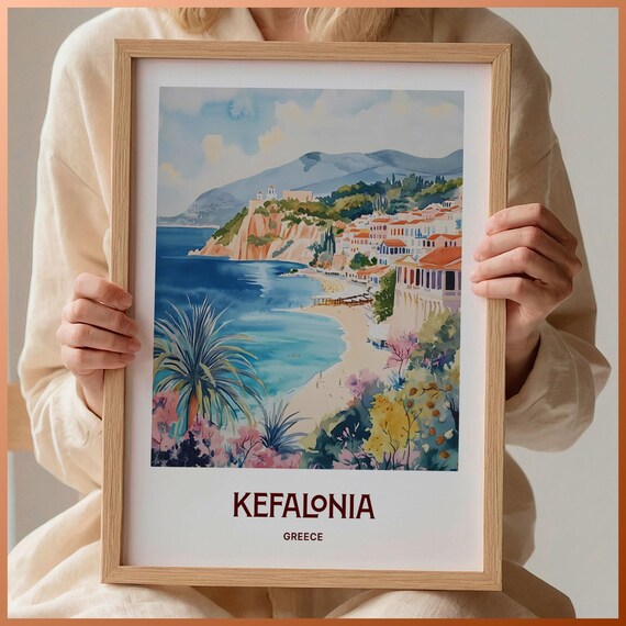 Kefalonia Greece Island Beach Cove Pastel Watercolor Art Poster