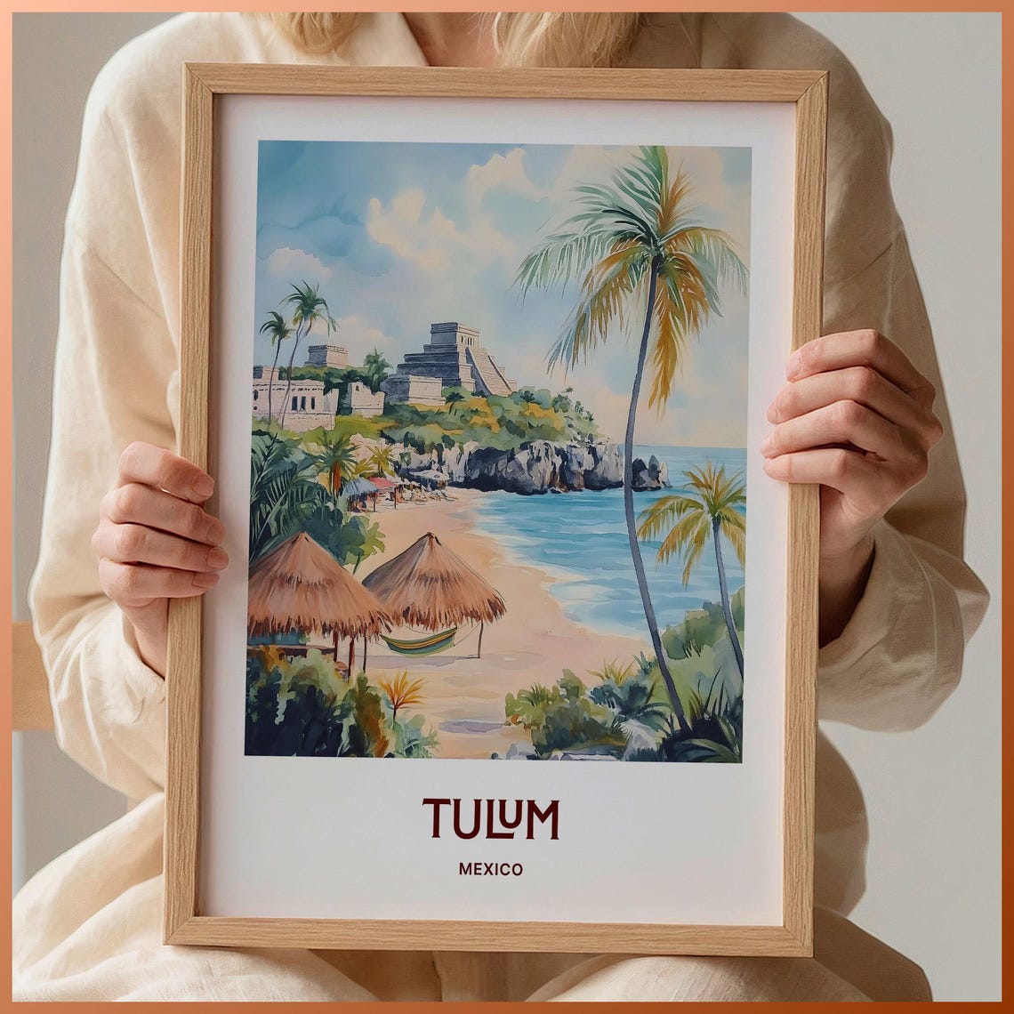 Tulum Mexico Maya Ruins Beach Palms Watercolor Travel Poster