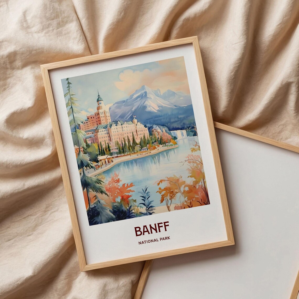 Banff National Park Lakeside Lodge Mountain Watercolor Poster - Image 3
