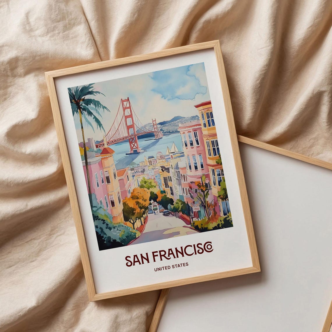 San Francisco Golden Gate Bridge Watercolor Poster Hills Street - Image 3