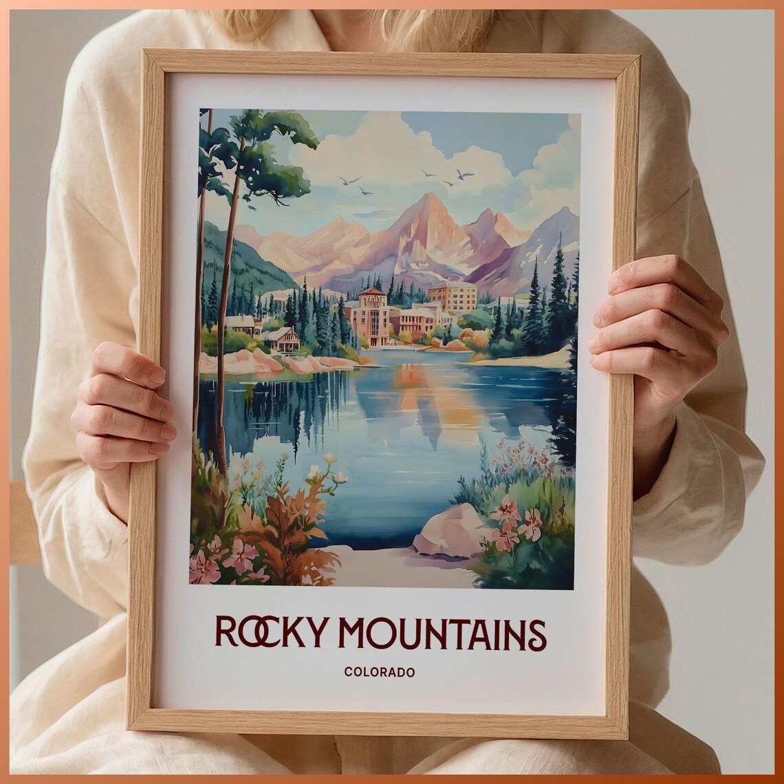 Rocky Mountains Colorado Lake Reflection Watercolor Peak Poster