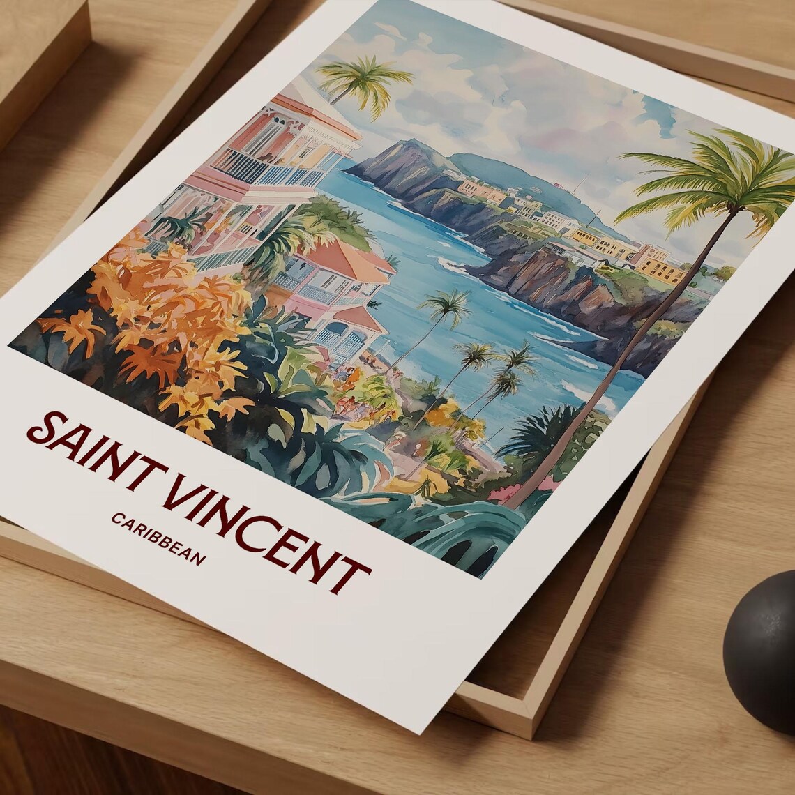Saint Vincent Caribbean Tropical Coast Palms Watercolor Travel Poster - Image 2