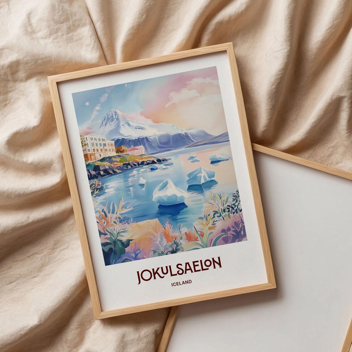 Jokulsaelon Iceland Watercolor Glacial Lagoon Icebergs Mountain View Poster - Image 3