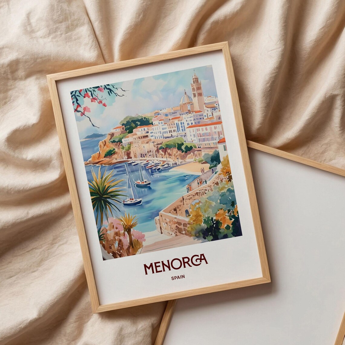 Menorca Spain Watercolor Harbor Sailboats Whitewashed Coastal Town Poster - Image 3