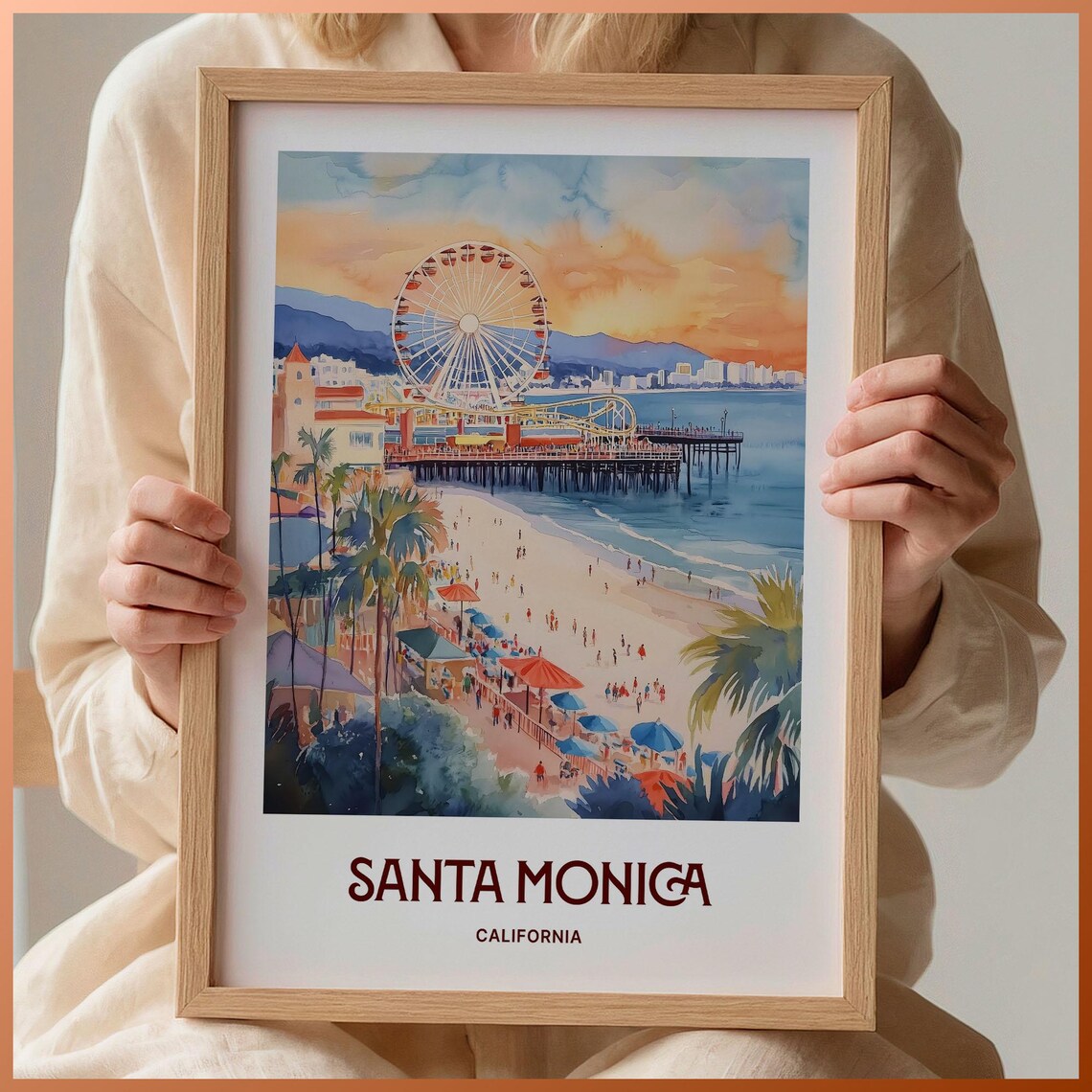 Santa Monica California Pier Ferris Wheel Beach Sunset Watercolor Travel Poster