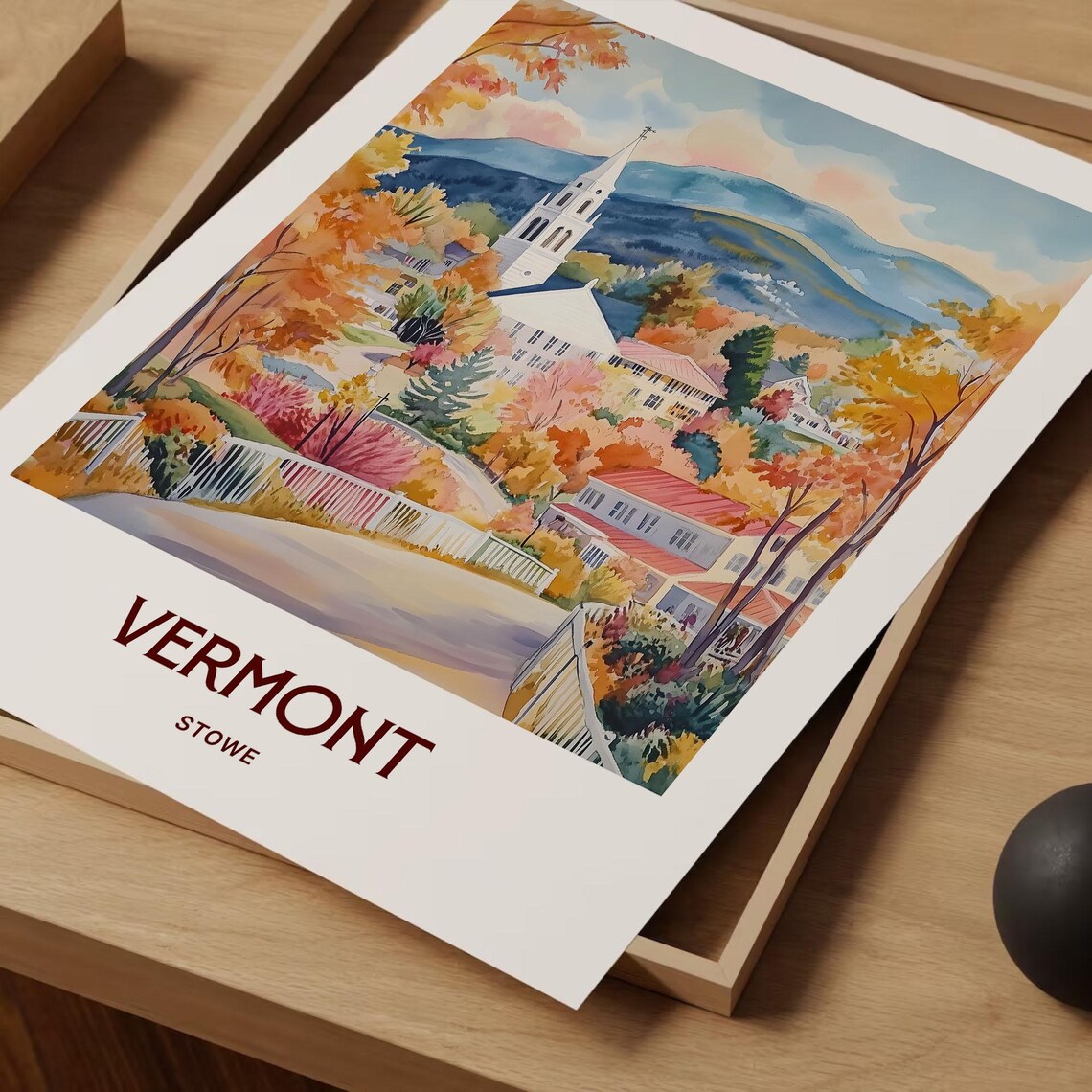 Vermont Stowe Watercolor Fall Foliage White Church Mountain Town Poster - Image 2
