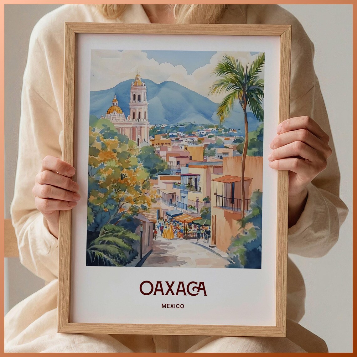 Oaxaca Mexico Cathedral Mountain Street Market Watercolor Travel Poster