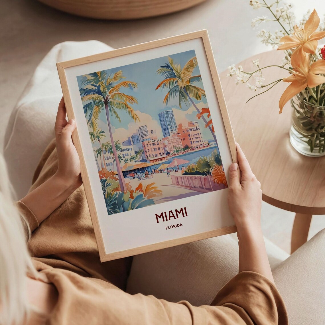Miami Florida Beach Palm Trees Skyline Watercolor Travel Poster - Image 5