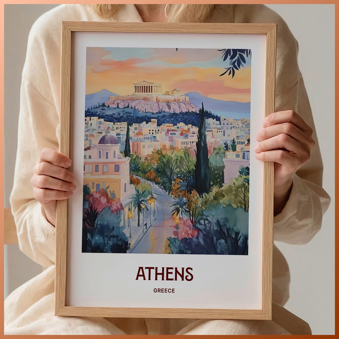 Athens Greece Acropolis Night Watercolor Cityscape Travel Poster
