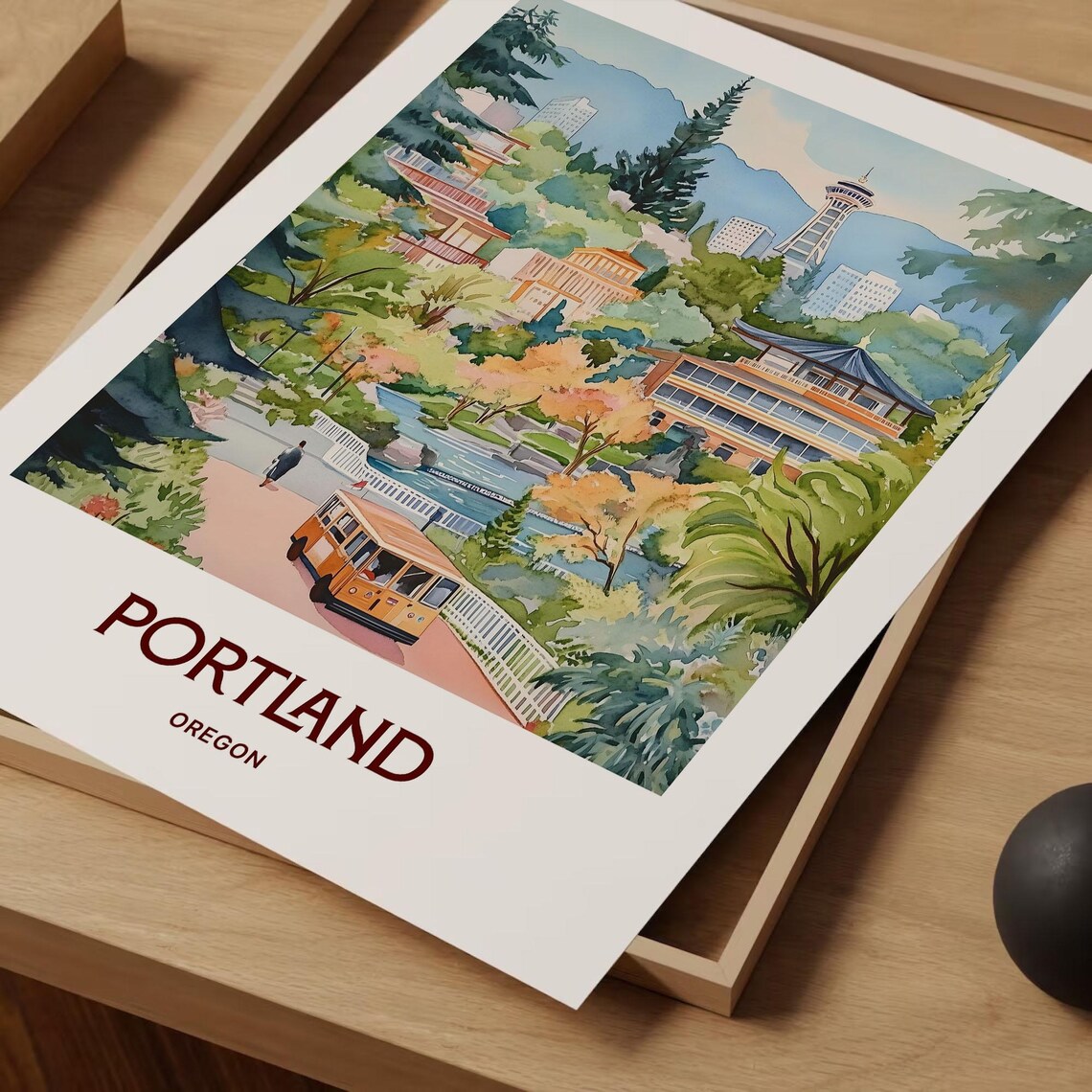 Portland Oregon Gardens Trolley Skyline Watercolor City Art Poster - Image 2