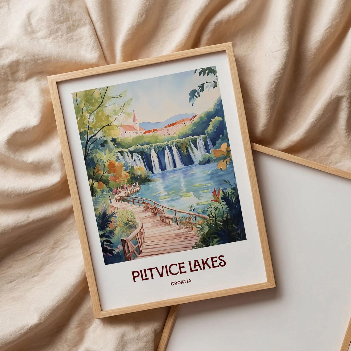 Plitvice Lakes Croatia Watercolor Waterfall Boardwalk Poster - Image 3