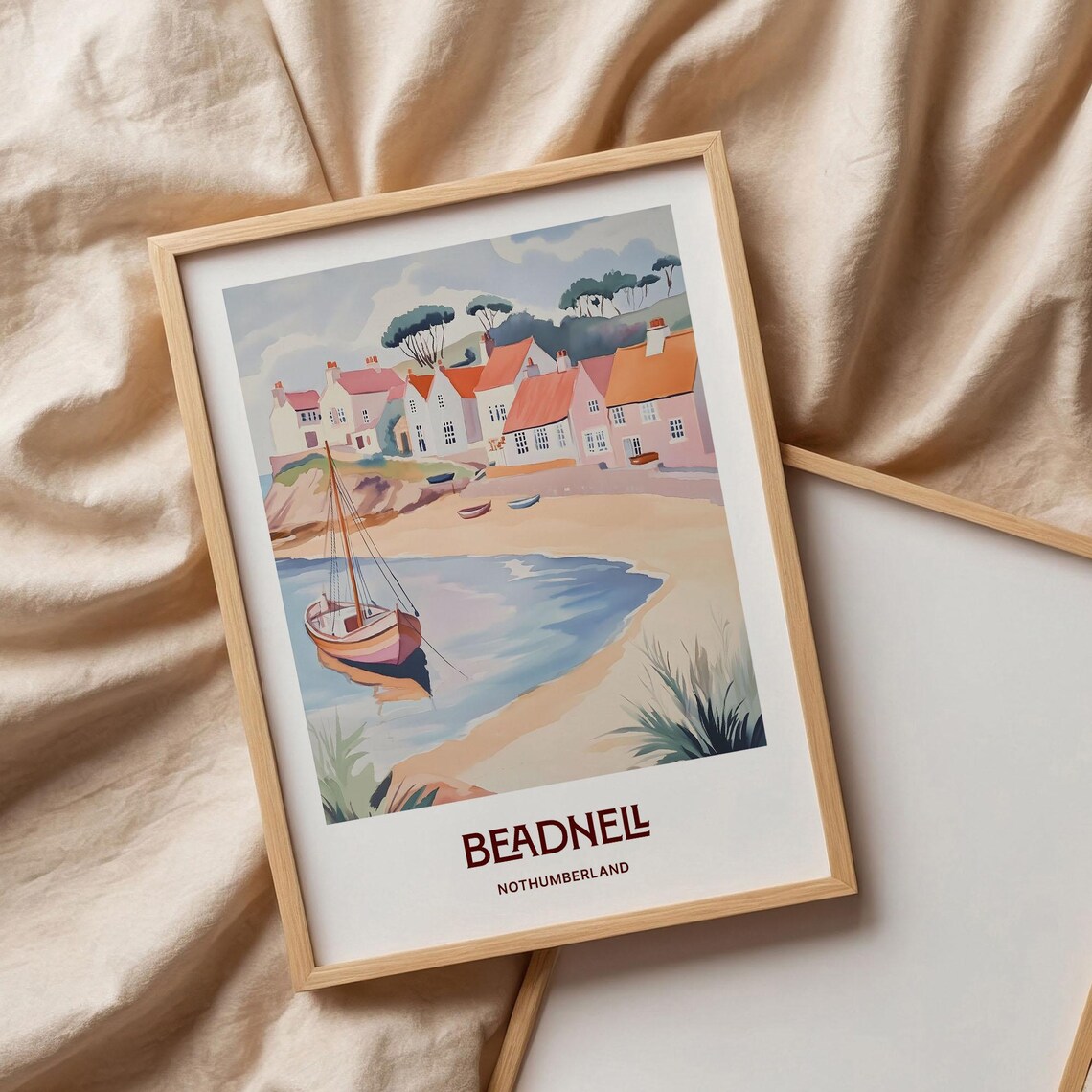 Beadnell Northumberland Pastel Fishing Village Beach Scene Poster - Image 3