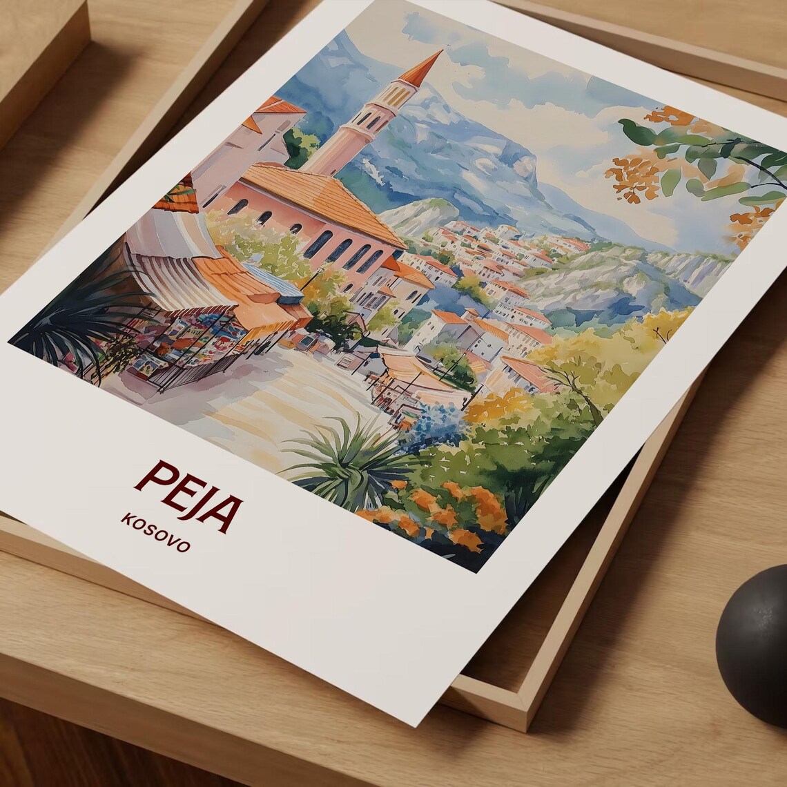 Peja Kosovo Mosque Minaret Mountain Town Market Watercolor Travel Poster - Image 2