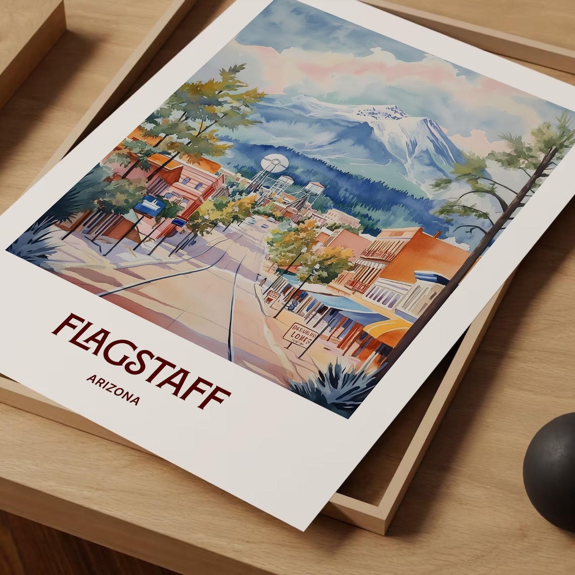 Flagstaff Arizona Historic Downtown Watercolor Poster Peaks View - Image 2