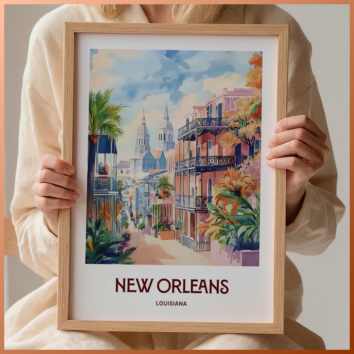 New Orleans French Quarter Balcony Watercolor Louisiana Travel Poster