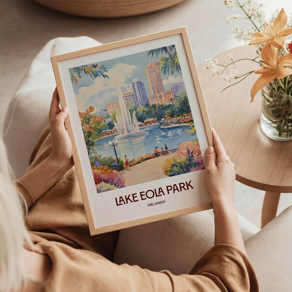 Lake Eola Park Orlando Watercolor Swan Fountain City Skyline Art Poster - Image 5