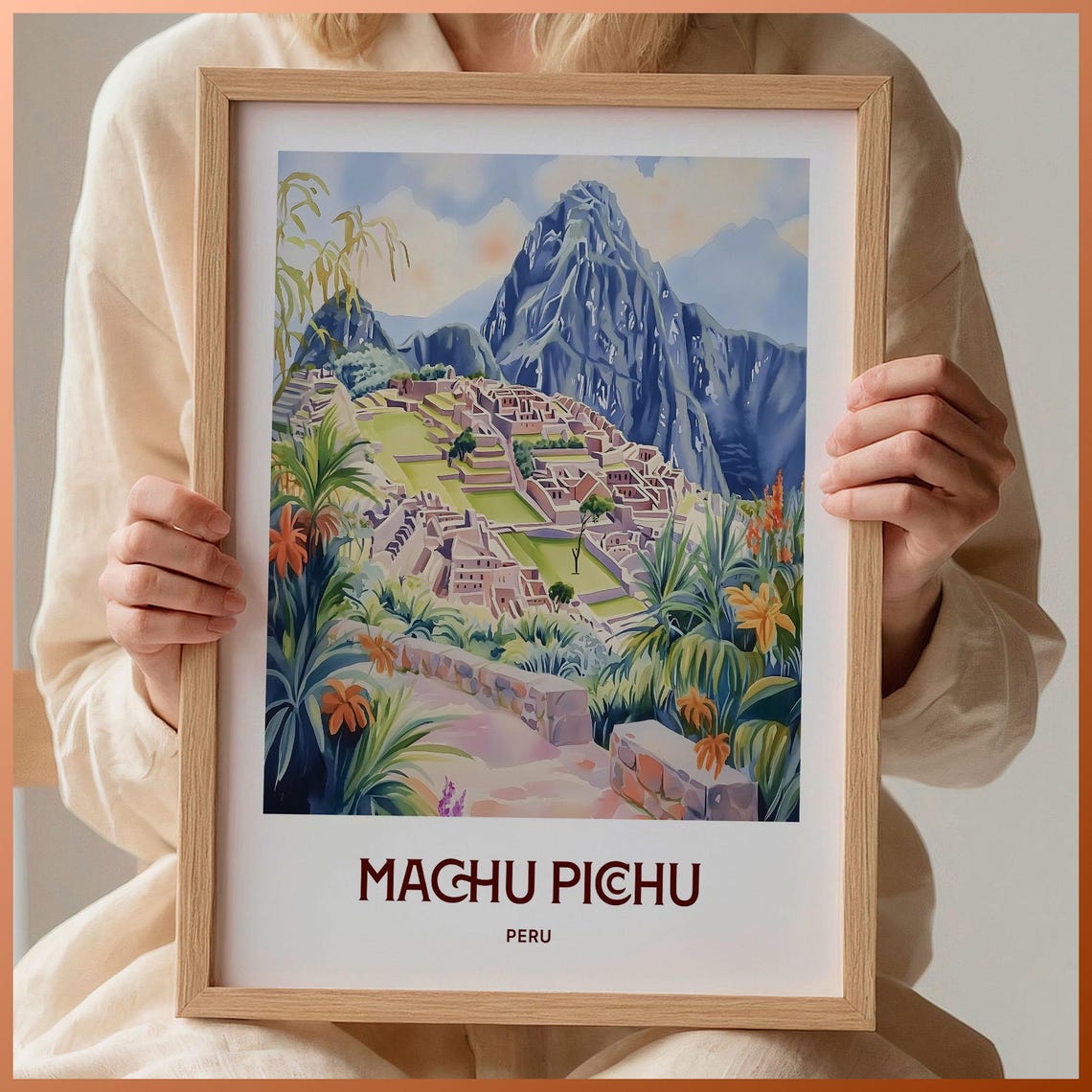 Machu Picchu Peru Inca Ruins Pastel Watercolor Travel Poster