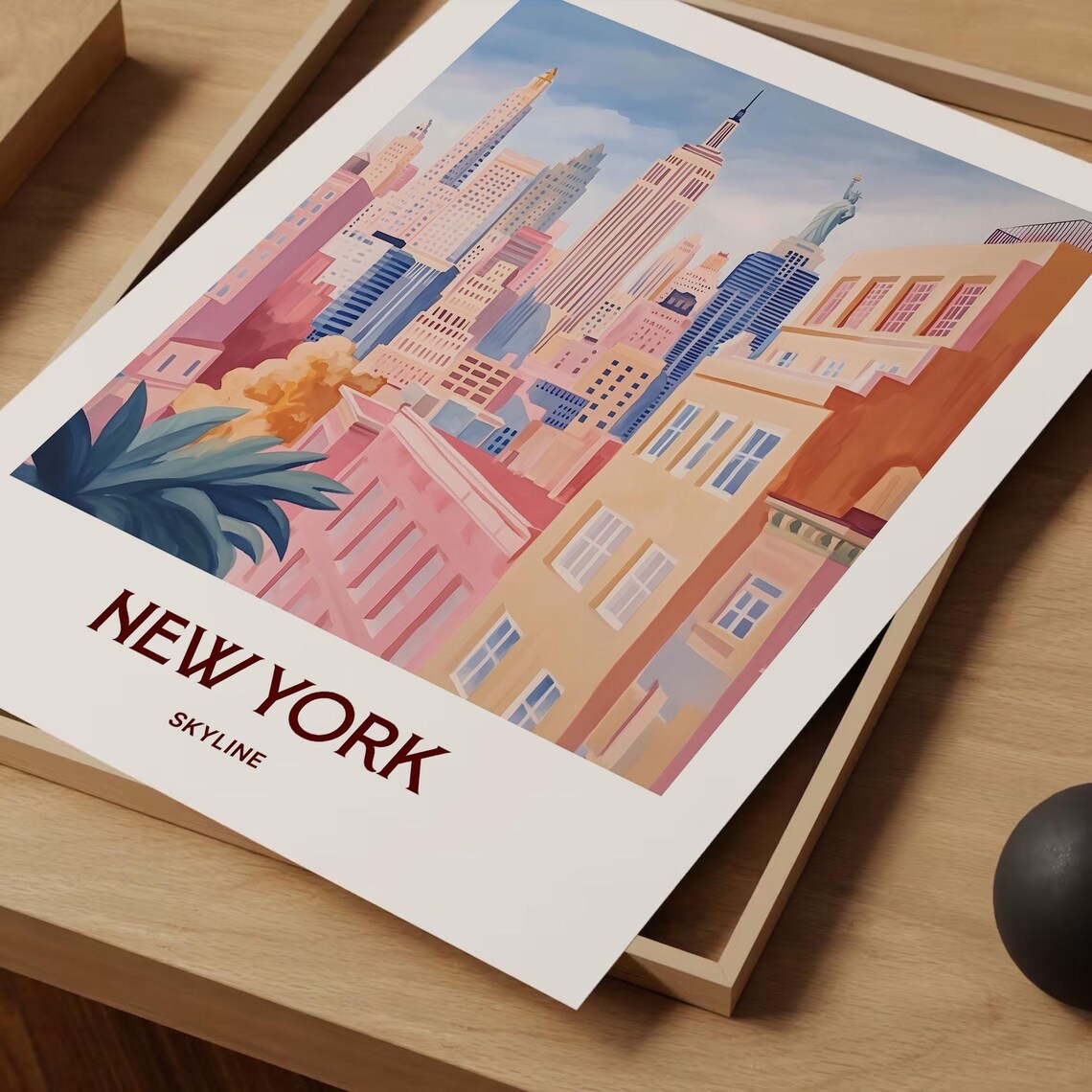 New York Skyline Empire State Statue of Liberty Travel Art Poster - Image 2