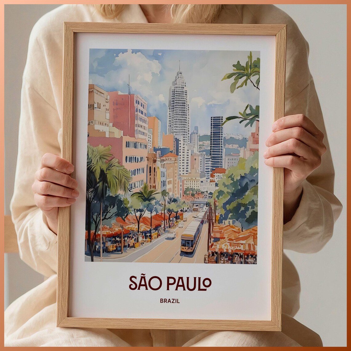 Sao Paulo Brazil City Skyline Tram Street Watercolor Travel Poster