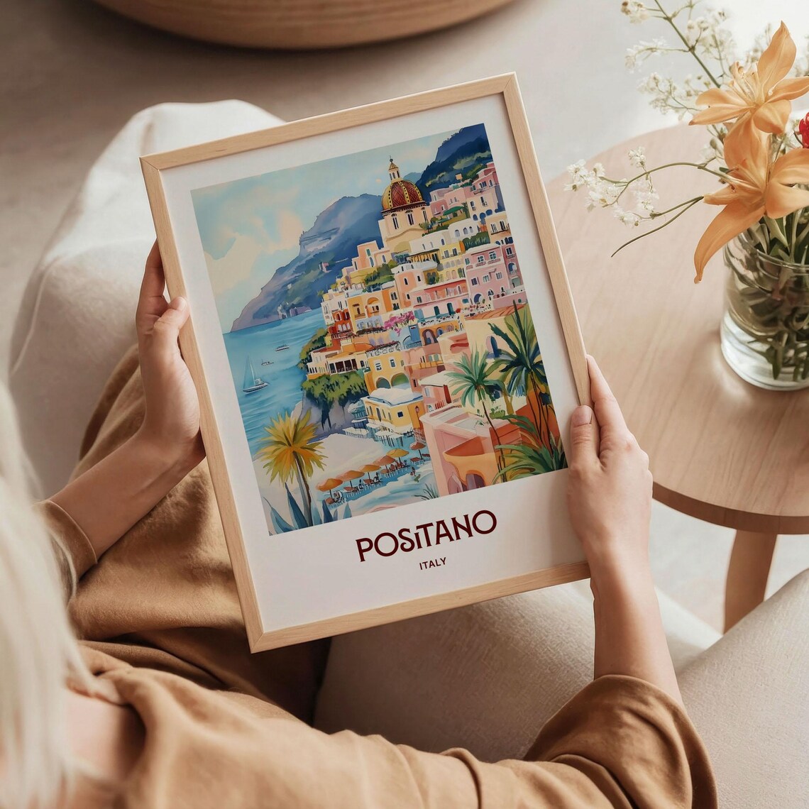 Positano Italy Cliffside Town Dome Church Sailboat Watercolor Travel Poster - Image 5